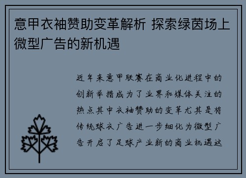 意甲衣袖赞助变革解析 探索绿茵场上微型广告的新机遇