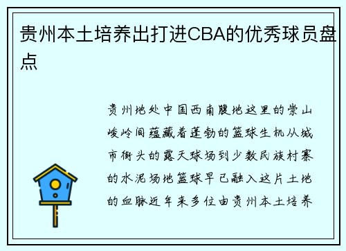 贵州本土培养出打进CBA的优秀球员盘点